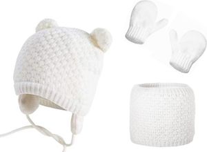 Kinder Winter Warm Beanie Mützen Snood Handschuhe Set, 3 in 1 Verdicken Fleece Thermo Kleinkind Mütze Schal Fäustlinge Set Geeignet für Jungen und Mädchen im Alter von 0-2 (Weiß)