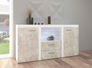 FURNIX Sideboard RIVAY Esszimmer, Wohnzimmer Kommode mit LED, 2 Schubladen und Glasvitrine klassisch, pflegeleicht modern Weiß Beton