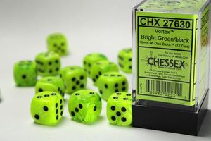 Chessex Vortex Bright Green/black D6 16mm Dobbelsteen Set (12 stuks)