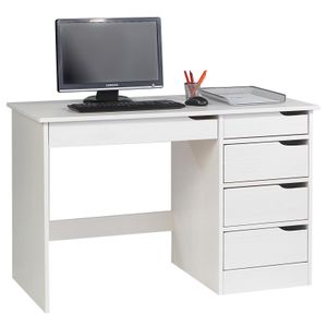 Schreibtisch HUGO aus massiver Kiefer in weiß, schöner Schülerschreibtisch mit 5 Schubladen, praktischer Bürotisch mit Querstrebe für Stabilität