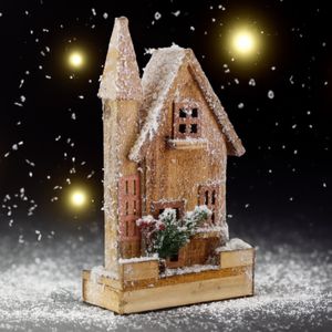 Weihnachtsdeko Winterlandschaft Haus Winterwonderland Figur Holz LED Batterie Winterdeko