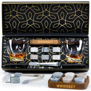 Whisiskey - Whisky Gläser Set - Whisky Zubehör Set - 6 Whisky Steine – Whisky Geschenkset - Eiswürfel Wiederverwendbar - Geschenke für Männer – 2 Gläser, Zange & 2 Untersetzer einbegriffen