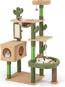 COSTWAY Kratzbaum Kaktus 150cm hoch, Katzenbaum mit Plattformen, Bürste, Spielzeug, Sisalseil, Raumkapsel & Katzenhöhle, Katzenturm Holz, Grün, Braun