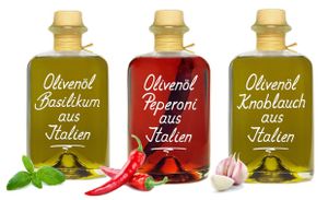 Olivenöl Trio 3x 0,5L Basilikum Peperoni Knoblauch Oliven Öl aus Italien  im Set