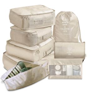 8 Teilige Koffer Organizer Packing Cubes Packwürfel Aufbewahrungsbeutel Kleidung Schuh Tidy Pouch Bag für Urlaub und Reisen, Tragbarer Packbeutel Kleidertaschen, Beige