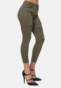 Damen Denim Skinny Capri Jeans Shorts Cropped Ankle Hosen Destroyed Risse Strass Design 7/8 Pants, Farben:Khaki, Größe:44
