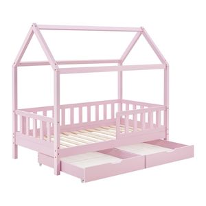 Juskys Kinderbett Marli 80 x 160 cm - Bettkasten, Gitter, Lattenrost & Dach - Holz Rosa