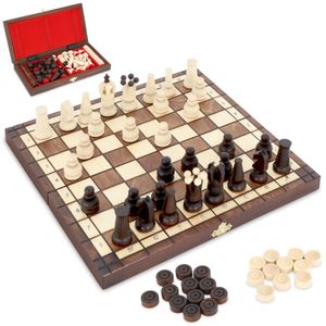 Schachspiel Schach Holz Schachbrett mit Dame Spiel - 2 in 1 Chess Board Set hochwertig klappbar mit Schachfiguren groß für Kinder und Erwachsene 30,5 x 30,5 cm