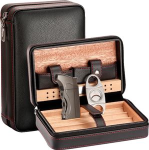 Cédrové drevo humidor box, so zvlhčovačom, kožené puzdro, s cutter Zapaľovač-c