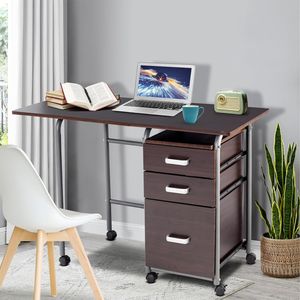 Faltbarer Schreibtisch, 3 Schubladen und abschliessbare Raeder, kompakter Rolltisch, Metallrahmen, als Beistelltisch, Computer-Schreibtisch, Computer-Schreibtisch, für Wohnzimmer, Schlafzimmer