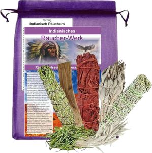Weißer Salbei zum räuchern + Drachenblut + Beifuß + Palo Santo + Zeder [7-TLG Räucher-Set] + Beschreibung + Täschchen + Booklet