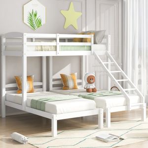 Merax Poschodová posteľ 90x200 cm s rebríkom a lamelovým rámom, trojlôžková poschodová posteľ Borovicová drevená posteľ Detská posteľ Loft Bed pre 3 deti