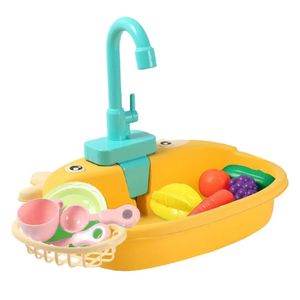Küchenspielzeugset mit funktionierendem Wasserhahn, Spülbecken, Gemüse, Obst, Abtropfkorb, Geschirr, Seife (Gelb) - SINKIFUN