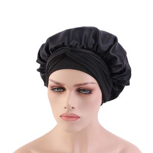 Frauen Solid Satin Stilvolle elastische Seide Schlafmütze Haarpflege Bonnet Head Lace Wrap-Schwarz