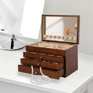 4 vrstvy dřevěné šperkovnice se zrcadlem, šperkovnice Necklace Display Case pro náhrdelníky Prsteny Náramky