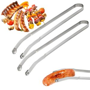 2Stk BBQ Grillzange Drehbar, Wurst Grillzange Edelstahl mit Rädchen langem Griff,Mehrzweck Grillzange für draußen