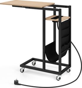 Postranní stolek COSTWAY ve tvaru C s nabíjecí stanicí, mobilní noční stolek s výsuvnou deskou, boční kapsou a uzamykatelnými kolečky