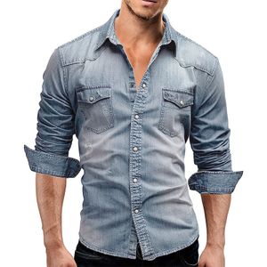 Herren Casual Langarm Jeanshemd Oberteile Bluse Überhemden Button-Down-Taschen,Farbe: Wathet,Größe:XL