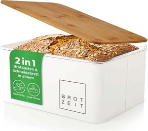Lumaland Cuisine Brotkasten Brotdose aus Metall mit Bambus Deckel Brotbox rechteckig 30,5 x 23,5 x 14 cm 2in1 Brotbehälter & Schneidebrett Weiß
