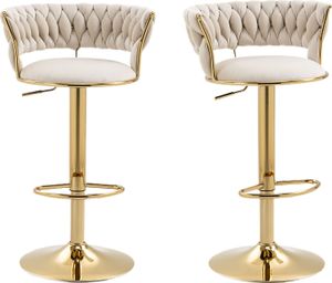 LVHOM 2er Set Barhocker Barstuhl mit Rückenlehne, Tresenhocker Samtbezug höhenverstellbar Hocker 360° drehbar, Goldene Metallsockel, Ivory