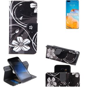 K-S-Trade Schutzhülle Handyhülle kompatibel mit Huawei P40 Pro Hülle 360° Wallet Case ''Flowers'' Klapphülle Hülle schwarz-weiß 1x