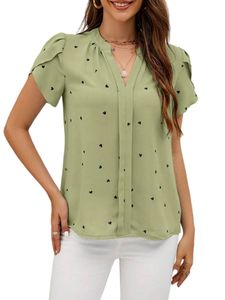 Damen T-Shirts Baggy Tops Elegante Shirts Lose V-Ausschnitt Bluse Kurzarm Freizeithemd Grün,Größe L