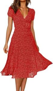 ASKSA Letní šaty Dámské šaty s krátkým rukávem, ležérní, s květinovým potiskem, do V, Midi šaty, ležérní, plážové šaty, červené, 3XL