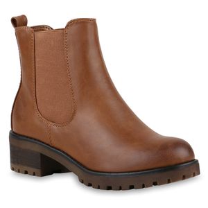 Mytrendshoe Gefütterte Damen Chelsea Boots Plateau Stiefeletten Profilsohle 812331, Farbe: Braun, Größe: 42