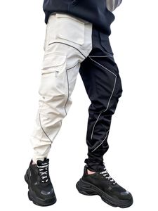 Herren Reflektierende Riemen Hip Hop Cargohose Harem Jogger Freizeithose Mit Taschen,Farbe: Schwarz-Weiss,Größe:M