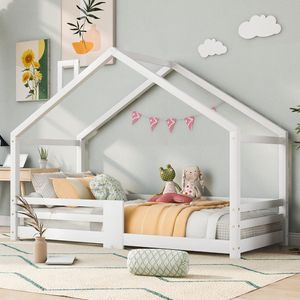 Fortuna Lai dětská postel domeček s ochranou proti vypadnutí komínu| robustní lamelový rošt dětská postel domeček z borovicového dřeva, 90 x 200 cm bez matrace (bílá postel##)