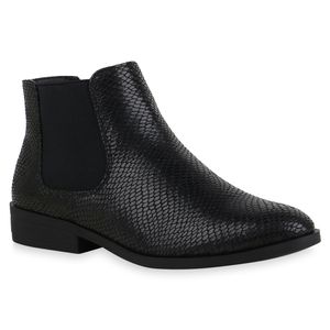 Mytrendshoe Damen Stiefeletten Chelsea Boots Blockabsatz Kurzschaft-Schuhe 835613, Farbe: Schwarz Snake, Größe: 36