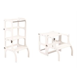 Ette Tete Step'n'Sit Lernturm klappbar aus Holz in Weiß | Montessori Küchenhelfer für Kinder | 2-in-1 Lernstuhl mit Tisch