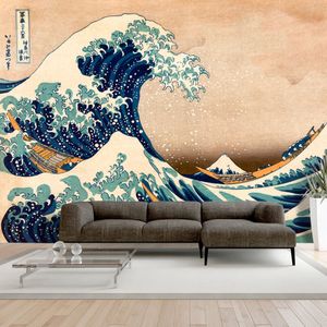 Vliesová Fototapeta - Hokusai: Velká vlna u Kanagawy (reprodukce) 200x140cm  vlies 120g/m2 fantazie moderní do ložnice a obýváku digitální UV tisk s vysokým rozlišením béžová, modrá, bílá UV stabilní barvy vlísové tapety na zeď fototapety
