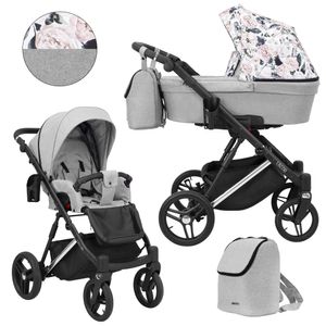 Kinderwagen LAZZIO PREMIUM Sportwagen Babywagen Babyschale Komplettset Kinder Wagen Set 2 in 1 (Grau + Blumen, Rahmenfarbe: Silber)