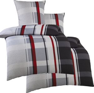 4-tlg. Seersucker Bettwäsche 2x (135x200 +80x80cm), schwarz grau rot, kariert, bügelfrei, Microfaser