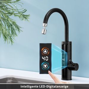 Elektrische Küchenarmatur mit Durchlauferhitzer,  Schwarz Wasserhahn Küche mit LED Temperaturanzeige，Smart Heater Wasserhahn 360° drehbar