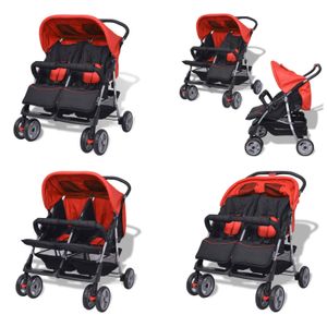 vidaXL Zwillingskinderwagen Stahl Rot und Schwarz - Kinderwagen - Kinderbuggy - Kinderbuggys - Doppel Kinderwagen