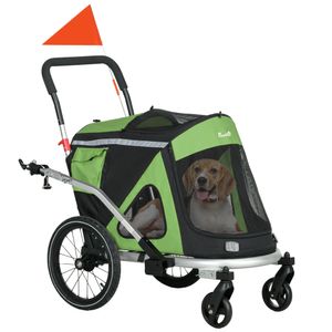 PawHut přívěsný vozík pro psy 2 v 1, přívěs na kolo pro psy s bezpečnostním vodítkem, kočárek pro psy s odrazkami pro středně velké psy do 20 kg, tkanina Oxford, zelený