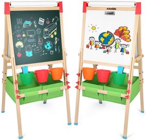 Arkmiido Kindertafel doppelseitige Standtafel Staffelei für Kinder, Multifunktionen magnetisches Whiteboard & Kreidetafel aus Holz mit Aufbewahrungsbox und Zubehör