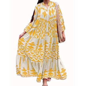 Damen Blusenkleider Bohemian Print Long Maxikleid Casual Hemd Kleider Kaftan Swing Party Gelb,Größe:3XL