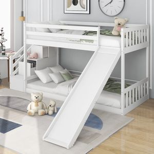 Flieks Patrová postel 90x200 cm se skluzavkou, dětská postel se schody, podkrovní postel s ochranou proti vypadnutí, patrová postel z borovicového dřeva s lamelovým rámem, bílá