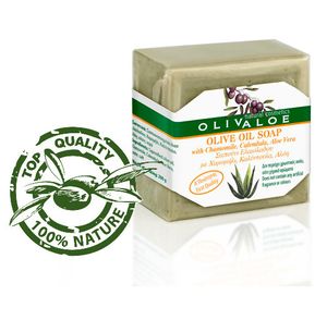 OLIVALOE 00198 - Handgemachte traditionelle Olivenölseife mit Aloe Vera/Kamille/Calendula 200g für Gesicht/Körper von Kreta