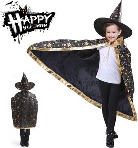 Kinder Halloween Kostüm, Wizard Cape Witch Umhang mit Hut, Zauberer Mantel mit Requisiten für Jungen Mädchen Cosplay Party(Magie Schwarz)