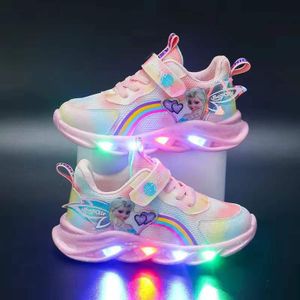 Leuchtende Sportschuhe Cartoon Elsa Prinzessin Mesh Sneakers LED-Licht Jungen Mädchen Kinderschuhe klett schuhe Rosa Größe 28