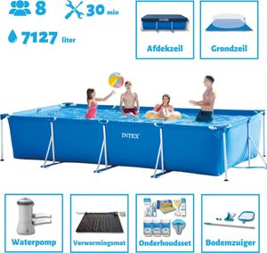 Intex-Schwimmbecken mit rechteckigem Rahmen – 450 x 220 x 84 cm – Blau – im Lieferumfang enthalten Abdeckung - Bodenplane - Filterpumpe für Schwimmbad - Solarmatte - Wartungspaket - Reinigungskit