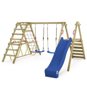 WICKEY Detská hojdačka Swing Frame Smart Shake so šmykľavkou a lezeckým nástavcom, hojdačka, hojdačkový rám, dvojitá hojdačka, drevená hojdačka - modrá
