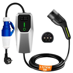 16/32A Type 2 EU CEE EV-Ladegerät Steckverbinder Schuko Für Elektroautos EV Charger 1 Phase 3.5/7KW Einstellbarer Strom Tragbares Ladegerät 5M