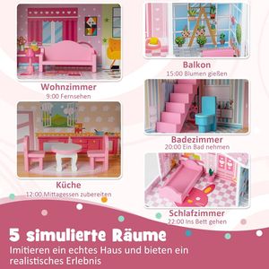 COSTWAY Puppenhaus aus Holz, Puppenstube mit 3 Etagen & 10 Möbel & 5 Zimmern, Traumhaus für Mädchen, Puppenvilla Dollhouse Spielzeug für Kinder ab 3 Jahren