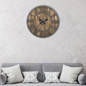 WOMO-DESIGN Velké nástěnné hodiny s římskými číslicemi, Ø 76 cm, šedé/přírodní, ze železa a mangového dřeva, vintage styl, tiché, bez tikání, designové hodiny deco clock dekorativní hodiny