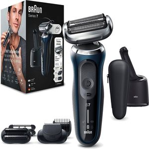 Braun Series 7 Shaver Men, elektrický holicí strojek a zastřihovač, čisticí stanice, 360° Flex, Wet & Dry, dobíjecí a akumulátorový, dárek pro muže, 71-B7850cc, modrá
